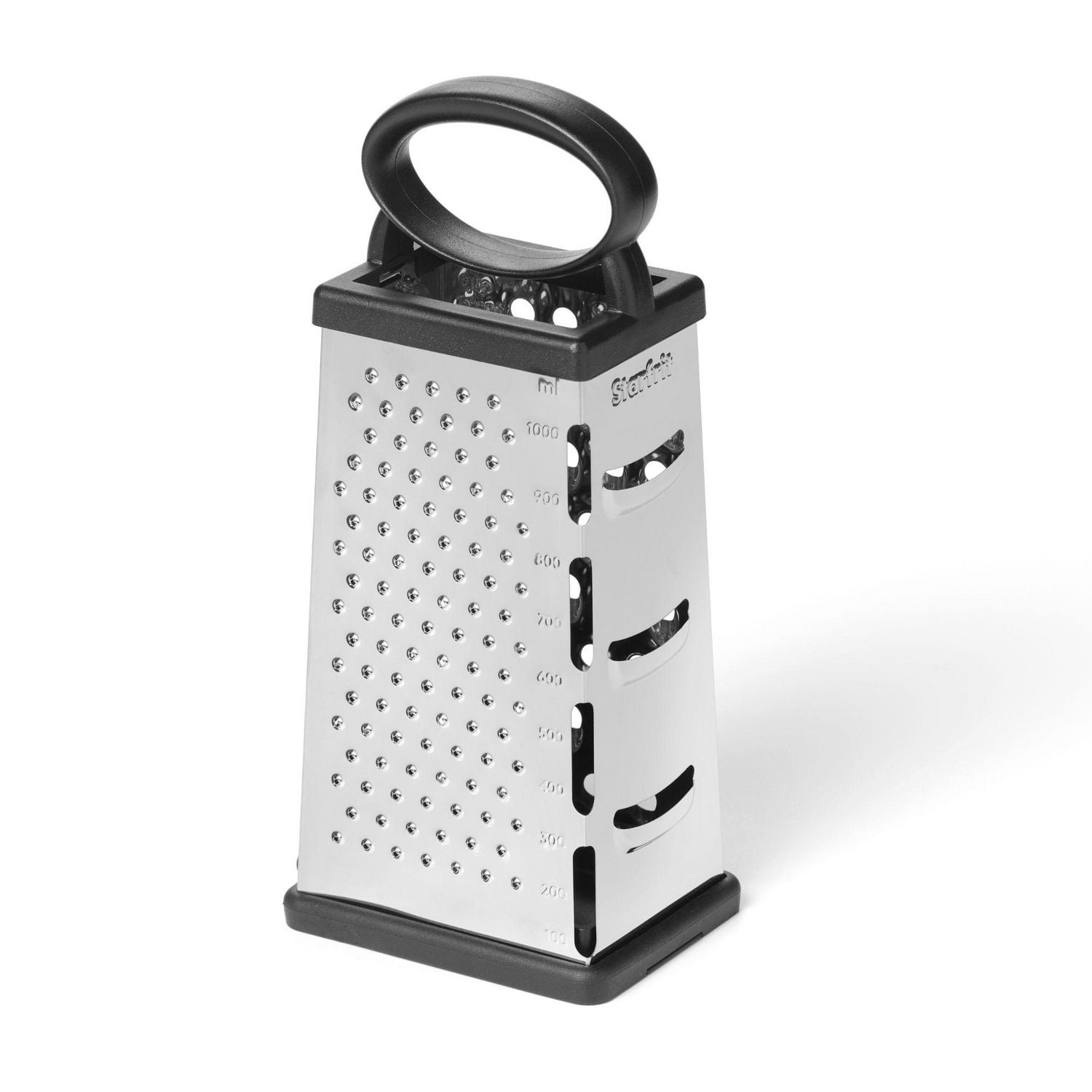 Starfrit Râpe à 4 Faces en Acier Inoxydable, Base Amovible avec Couvercle, Coupelles de Mesure, Poignée Confortable, Base Antidérapante