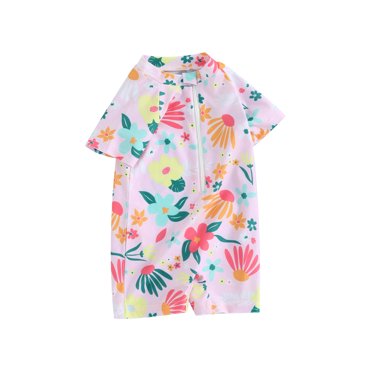 EYIIYE Toddler Girls Rash Guard Swimsuit 3M 6M 1T 2T 3T Infant Baby One-piece Swimwear Zipper Rompers Short Sleeve Jumpsuit Floral Print Bodysuit Kids Casual Cute Bathing Suit Beachwear