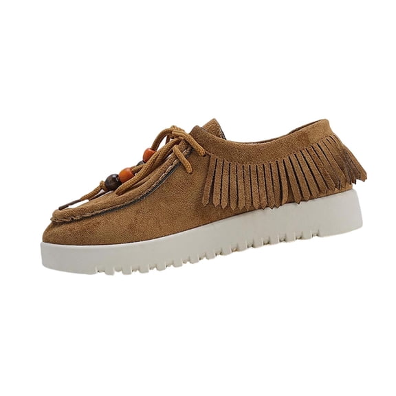 SDNall Mocassins Boho à Franges pour Femmes avec Lacets Perlés Chaussures Plates Confortables à Enfiler pour l'Extérieur Décontracté