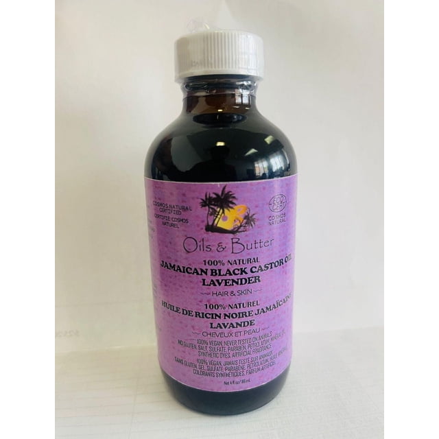 JAMAICAN BLACK CASTOR LAVENDER 100% natural hair and skin oil by Oils & Butter in a dark amber plastic bottle with a white screw cap and purple label, promoting hair growth, moisturizing dry hair, strengthening hair, and suitable for eyelashes, eyebrows, and beard care.