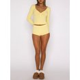 thumbnail image 2 of xiaxaixu Women's Summer Ribbed Loungewear Set, Solid Color Long Sleeve V-Neck Button Front Cropped Tops + Shorts 2 Pieces Sleepwear, 2 of 7