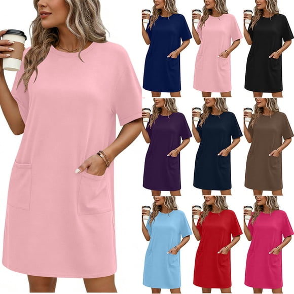 Sentmoon Shirt Dresses for Women with Pockets Crew Neck Solid Color Cute Summer Dresses for Women Short Sleeve Regular Fit Summer Vacation Essentials for Women Maxi Dress for Work and Office XL