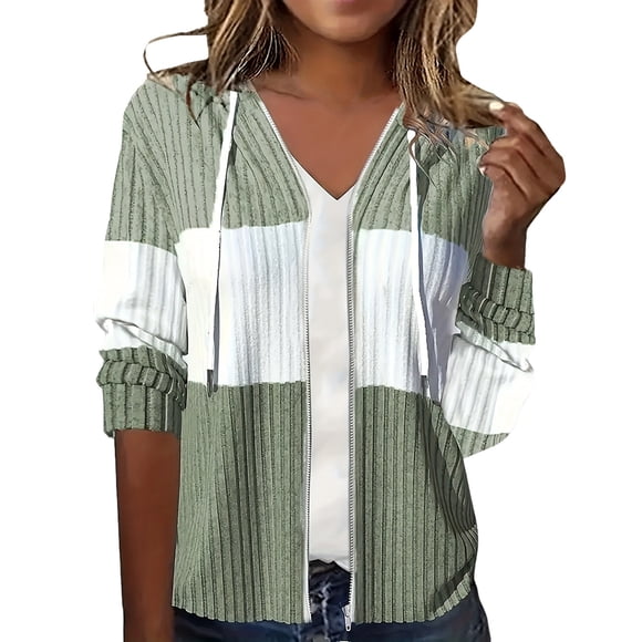 Women's Hoodies & Sweatshirts Fashion Ribbed Color Block Zip Up Casual Pullover Jacket for Daily Wear Fall Winter Outerwear