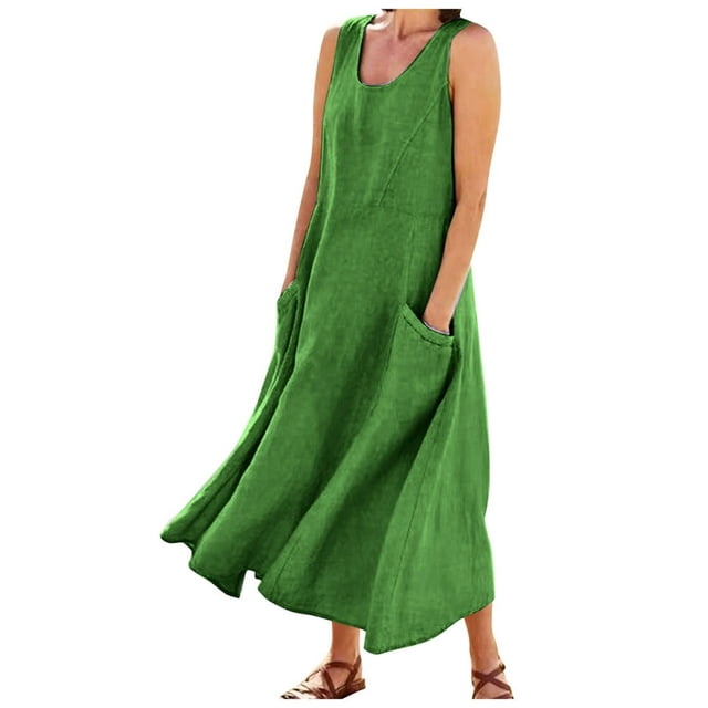 CHOK Robe Décontractée en Lin et Coton Uni à Encolure en U pour Femmes Sans Manches 2024 Robe Débardeur avec Poches Bleu 4TG