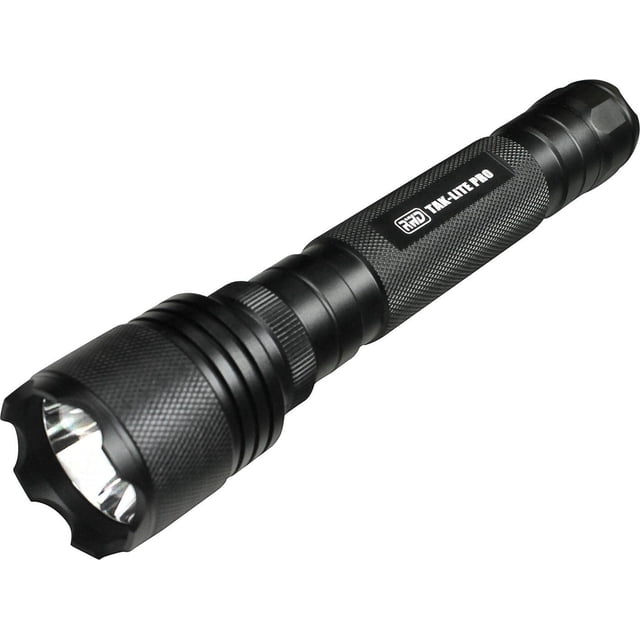 Rockwater Designs Tak-Lite Pro 600 flashlight with textured black metal body and knurled grip, equipped with a CREE XML T6 LED bulb delivering 600 lumens max output and high, low, and flashing light modes for emergency preparedness.
