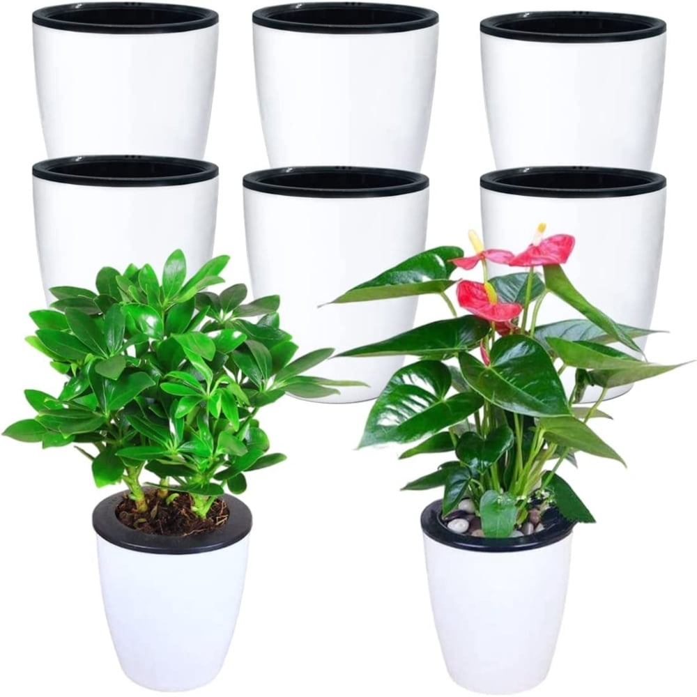 8 Pcs Self Watering Pots for Indoor Plants 4 Inch Flower Pot Modern Decorative Plastic Planter for All House Plants Flowers White