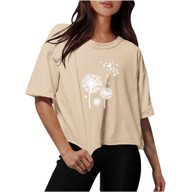 Blouses for Women Drop Shoulder Round Neck Oversized Crop Tops Workout Tops Tees