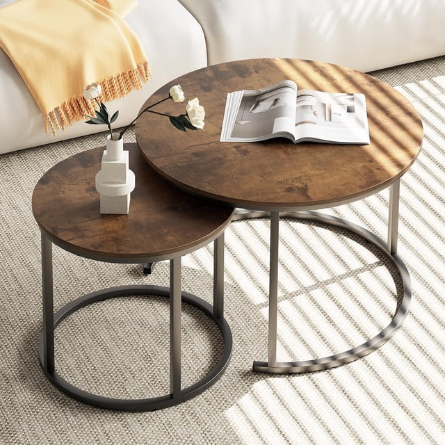 ZJQYDS Table Basse Gigogne Table Ronde Ensemble de 2 Tables d'Appoint avec Cadre en Métal Robuste pour Salon Chambre Appartement Moderne Industriel Simple Table de Nuit, Brun Rustique