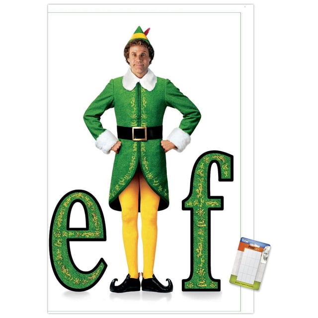 Elf - Affiche Murale d'Une Feuille, 22,375 Po x 34 Po Montrant une Vue avant Centrée d'Une Personne en costume Elf Vert avec Col et Poignets en Fourrure Blanche, Ceinture Noire avec Boucle Dorée, Collants Jaunes, Chaussures Bouclées Noires, et un Chapeau Elf Vert et Jaune avec Plume Rouge, Positionné entre de Grandes Lettres Décoratives Vertes « e » et « f » sur un Fond Blanc, Convient à la Déco festive de la Maison Ou à la Décoration de Fête.