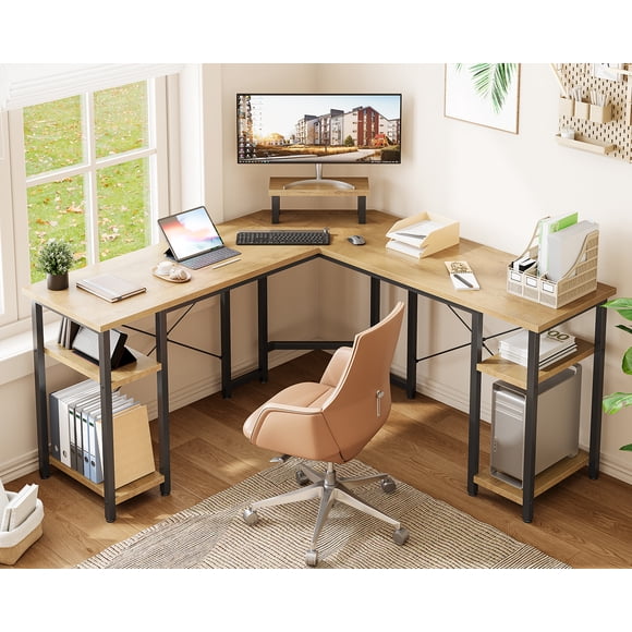 GUNAITO L Shaped Gaming Desk with CPU Stand, 61 Inch Modern Corner Computer Desk, 4-Tier Reversible Office Desk, Natural Wood