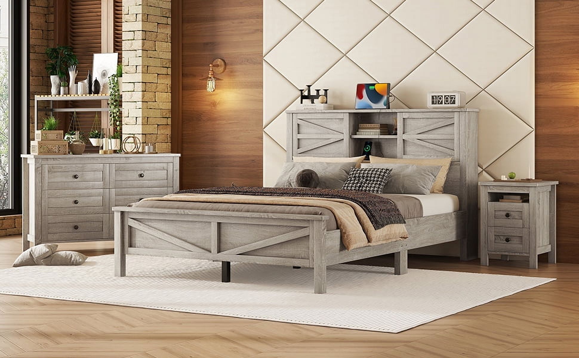 Ensemble de chambre 3 pièces Noble House : lit plateforme de style ferme, grand lit, gris antique