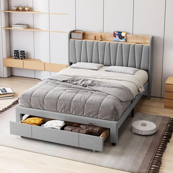 CazToi Queen Size Storage Bed Frame with Charging Station Upholstered Headboard
