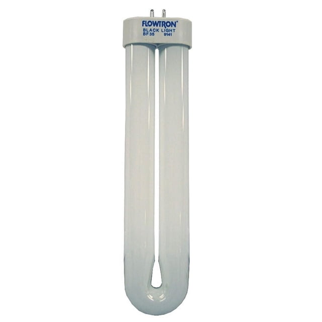 Flowtron Ampoule de Remplacement UV de 15 Watts BF35, une Ampoule Ultraviolette Compacte en Forme de U à Haute Intensité avec une base Blanche Étiquetée « Flowtron Black Light BF35 9141 », Conçue pour les Tueurs d'Insectes Électroniques pour Attirer les Insectes Efficacement, Montrée Orientée vers l'Avant sur un Fond Blanc.