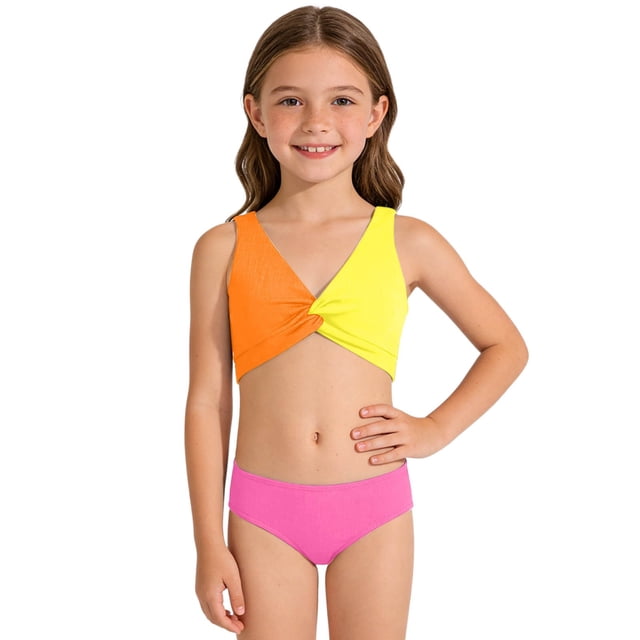 Girls Two Piece Swimsuit Set Knotted Color-Block Crop Top & Shorts in Mint Green Size 3-12 Years