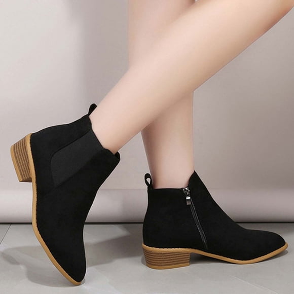 LSLJS Women's Winter Flock Boots Chunky Heel Low Heel Round-Toe Boots Side Zipper Shoes, Women's Ankle Boots & Booties, Womens Boots