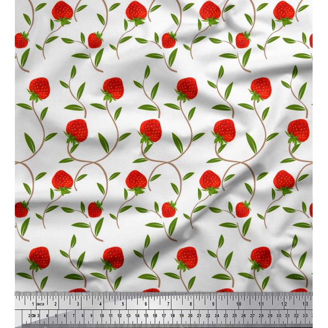 Soimoi Toile de Coton Cambié Feuilles & Fraises Tissu Imprimé 1 Yard 42 Inch Wide