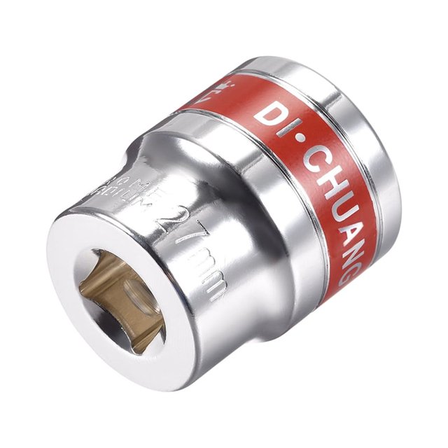 Unique Bargains 1/2-Inch Drive by 27mm Shallow Socket with a red band, made of chrome vanadium steel with a mirror chrome plated finish. Features a 6-point design for maximum torque and reduced fastener wear, with die-stamped size markings for easy identification. Compact shallow body for tight spaces, suitable for DIY projects, household maintenance, and general repairs.