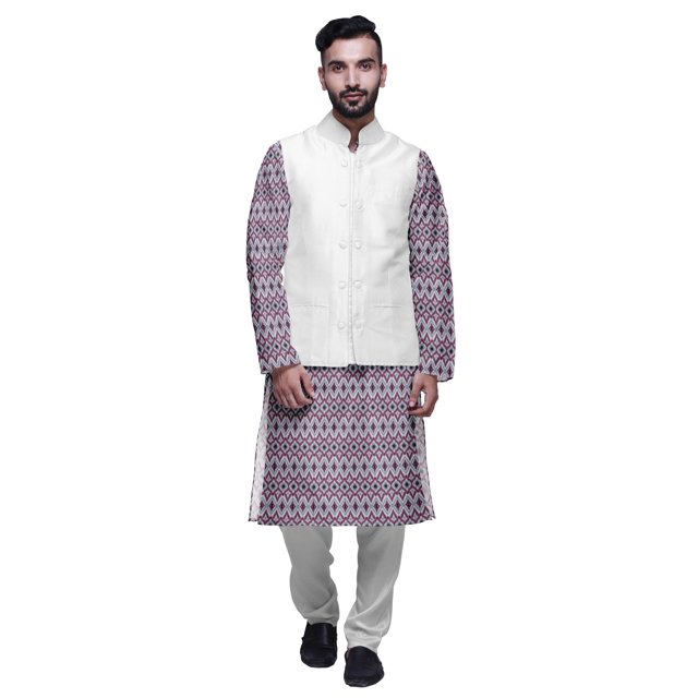 Atasi Kurta Pyjama pour Homme Veste Col Mandarin Indien Imprimé Ensemble de Tenue Ethnique