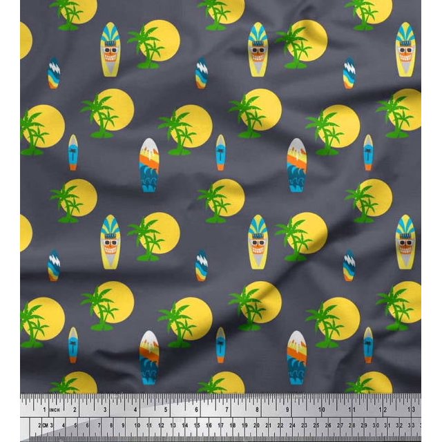 Soimoi Modal Satin Fabric Skull,Sun & Palm Tree Nature Printed Fabric 1 Yard 42 Inch Wide