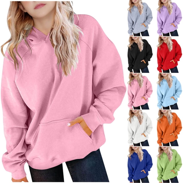 MKOSPLRT Chandails à Capuchon Surdimensionnés pour Enfants Manches Longues Raglan Chandails Molletonnés Unis Doublés en Molleton Chandails à Enfiler Hauts Décontractés Amples d'Automne Chandails à Capuchon avec Poche 5-15 Ans