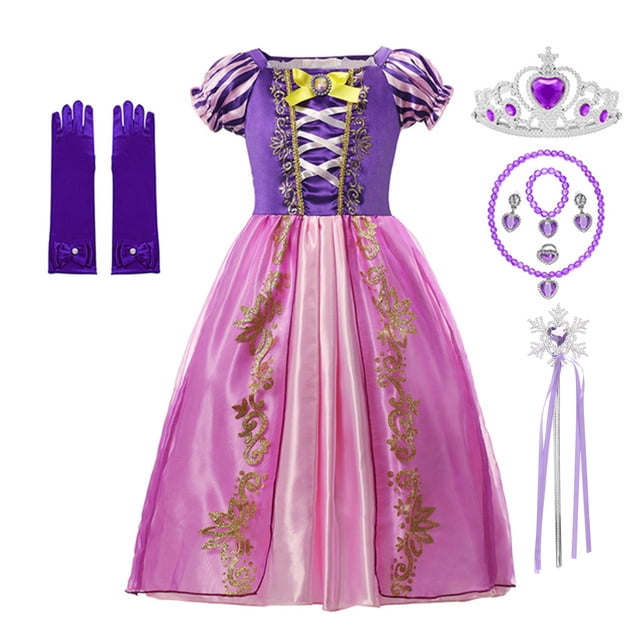 HAWEE Robe pour Fille à Manches Bouffantes, Costume de Princesse Raiponce en Violet, avec un design à Manches Bouffantes Plissées, Broderie Dorée sur la Jupe et un Corsage à Lacets avec un accent de Nœud Jaune. Comprend des Accessoires Assortis : un Diadème, une Baguette, des Gants, un Collier, des Boucles d'Oreilles et un bracelet. Idéal pour les Fêtes d'Anniversaire, le cosplay, l'Halloween et Autres occasions Festives.