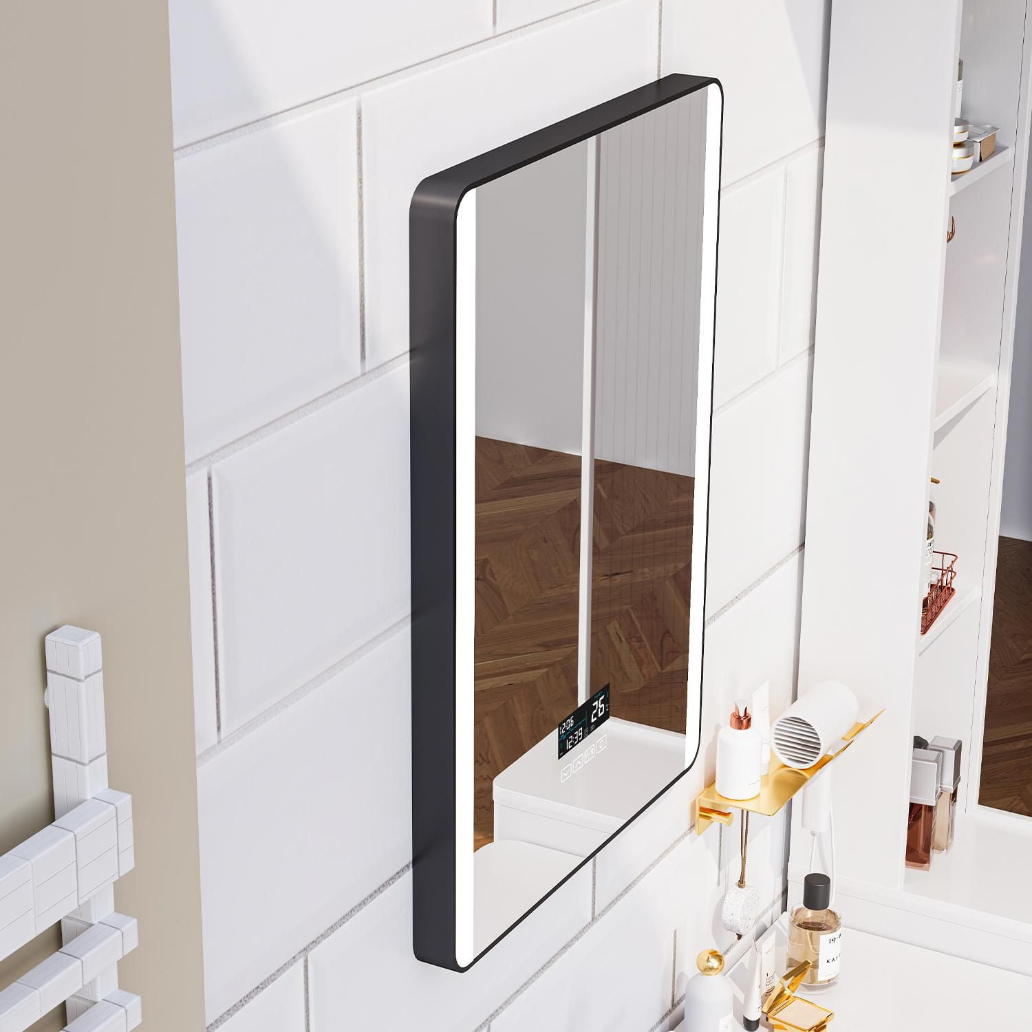 Ecoway Luna LED Mirror, Lighted Bathroom Mirror Wall Mounted Vanity Mirror with Bluetooth Speaker, Anti-Fog and Clock
