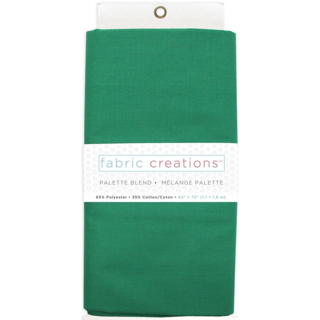 Fabric Creations Polycotton 65/35 pre-cut fabric in solid green, folded with a white label showing brand and fabric blend details, measuring 42 by 72 inches (1.1 by 1.8 meters), made of 65% polyester and 35% cotton, suitable for quilting, garment stitching, and home décor projects.