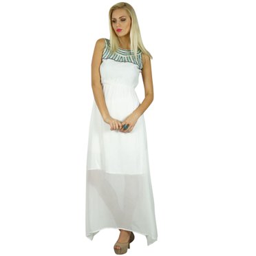 Bimba Robe Longue Maxi Blanche pour Femmes à Moitié Doublée avec Encolure Perlée
