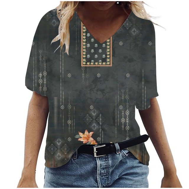Birdeem T-Shirt à Col en V pour Femmes, Mode Décontractée, Grande Taille, Imprimé de Fleurs Pittoresques