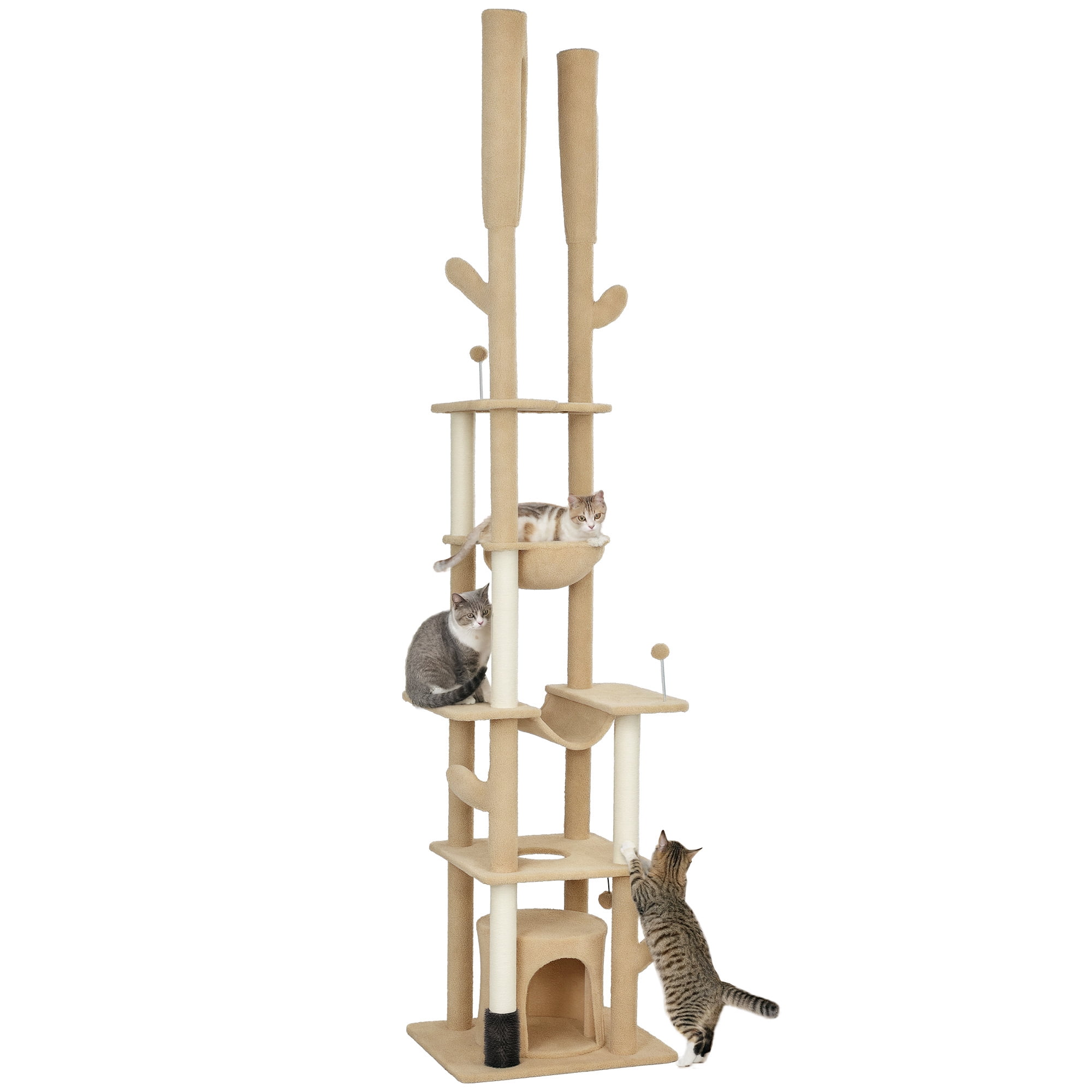 PawHut 89"-100" Floor to Ceiling Cat Tree w/ Scratching Posts, Brown
