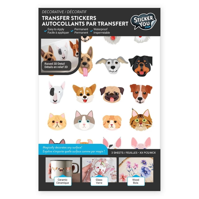 StickerYou Autocollants Décoratifs de Transfert pour Chat, Chien et Animaux de Compagnie avec 3 Feuilles et 45 Autocollants Vibrants à Coller Présentant des Visages Détaillés de Chien et de Chat avec Effet 3D Surélevé, Imperméables et Permanents, Convenant à la Décoration de surfaces en Céramique, en Verre et en Bois.