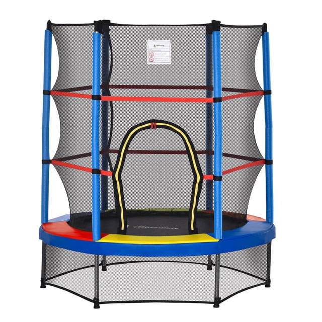 Outsunny Trampoline pour Enfants avec Enceinte pour 3 à 6 Ans, Multicolore. Parfait pour Jouer Dehors, Il Présente un Cadre Métallique Robuste, des Cordes Élastiques Haute Résistance pour Rebondir en Toute Sécurité, et un Filet d'Enceinte de Sécurité avec une Porte en U Zippée pour un Accès Facile. Conçu avec des Couleurs Bleu, Noir, Jaune et Rouge Vibrantes, et six Pattes en Métal pour la Stabilité. Convient aux Enfants de 3 à 6 Ans, avec une Capacité de Charge de 99 Lb (45 kg).