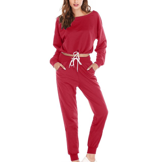 Ersazi Combinaison à Manches Longues pour Femmes Ensemble de Mode Féminine Couleur Col Rond Manches Longues Chandail en Molleton à Franges Pantalon en Liquidation Rouge P