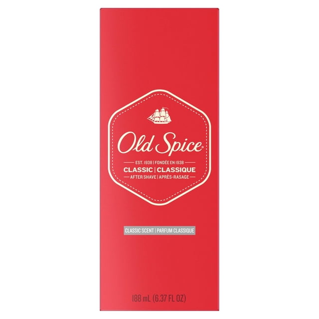 Old Spice Classic Scent Men's After Shave in a red rectangular box featuring the Old Spice sailing ship logo, labeled classic scent after shave in English and French, containing 188 mL (6.37 fl oz).
