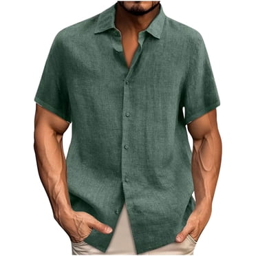 EOYWHK Chemises Habillées en Lin pour Hommes Grands et Forts Chemise Hawaïenne Décontractée Couleur Unie Manches Courtes Boutonnée Col Montant Chandail Blouse Hauts