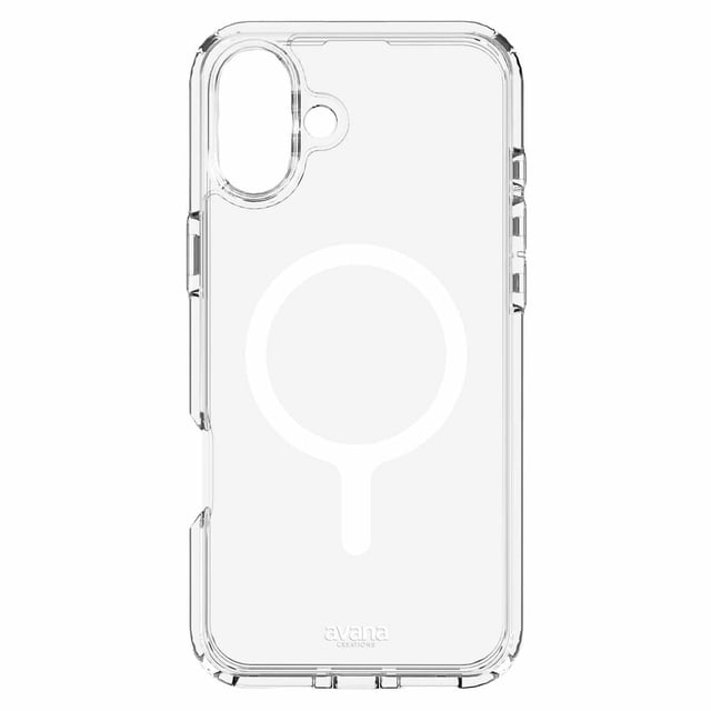 Avana Ice MagSafe Case Clear for iPhone 16 featuring a transparent protective shell with precise cutouts for camera and buttons, a visible MagSafe alignment circle, and Avana branding, designed for 10 ft drop protection and antimicrobial surface.