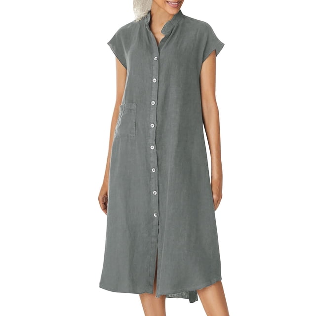 biudgviw Robe Femme en Coton et Lin à Col en V à Manches Courtes Boutonnée Robe Midi d'Été Décontractée avec Poche