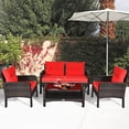 thumbnail image 3 of Patiojoy Ensemble de Conversation de Patio 4 Pcs en Rotin Osier Causeuse Canapé Table Basse et Dessus en Verre Coussins Rouges, 3 of 8