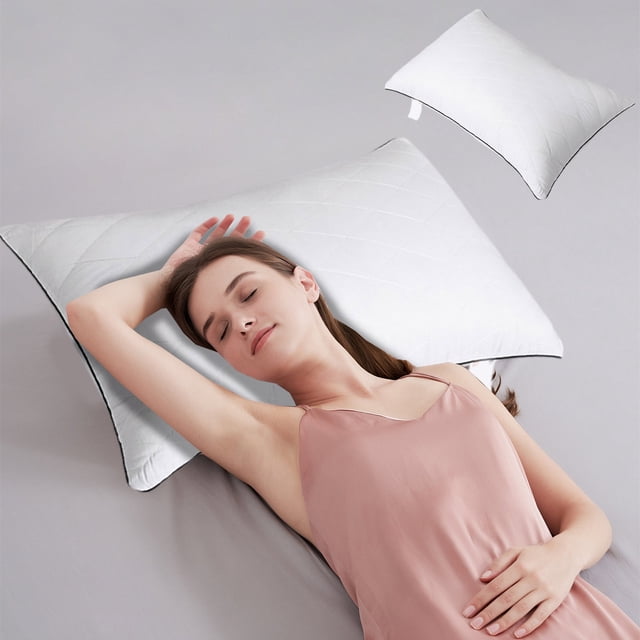 Hotel Grade Down Core Pillow for Back Stomach Sleepers, Soft Supportive Bed Pillow with Quilted Design, Medium Support Neck Pressure Relief Pillow in White Gray Green Orange Pink Khaki