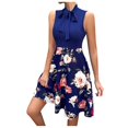 thumbnail image 2 of HKEJIAOI Robe Fleurie pour Femmes Robe d'Anniversaire Mode pour Femmes Col Rond Sans Manches Taille Haute Imprimée avec Nœud Robe Trapèze Économies Liquidation Bleu Marine, 2 of 3