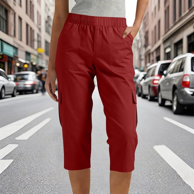 Pantalon Capri Femme Cargo Taille Élastique Court Plein Air Randonnée Pantalon Jambe Droite Camping Vêtements d'Entraînement Pantalon