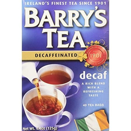 Barry's Tea Decaf packaging featuring a blue background with the text 'Ireland's Finest Tea Since 1901' at the top. The box highlights 'Decaffeinated' in a yellow banner and includes an image of two white cups of tea being poured. The text describes it as 'A rich blend with a refreshing taste' and contains 40 tea bags. The bottom right corner displays the Irish flag.