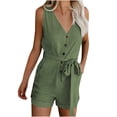 thumbnail image 1 of biudgviw Women's Plus Size Rompers Summer Casual V Neck Button down Belted Sleeveless Jumpsuits Loose Short Overalls with Pockets, 1 of 6