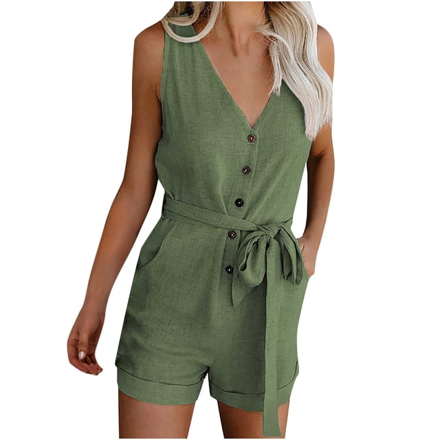 biudgviw Women's Plus Size Rompers Summer Casual V Neck Button down Belted Sleeveless Jumpsuits Loose Short Overalls with Pockets