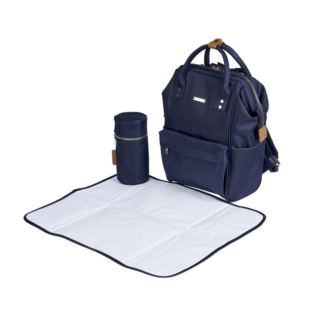 Bababing Diaper Bag - Mani Backpack - Navy with detachable insulated bottle holder and XL changing mat. The weatherproof navy backpack features eight pockets, strong carry handles, a super-safe parent pocket, and free pushchair clips for easy stroller attachment.