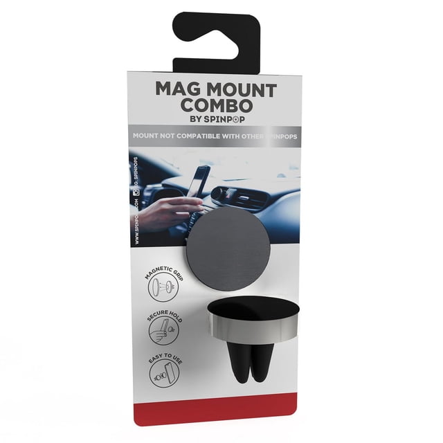 Spinpop Support Magnétique avec Poignée d'Aération, Ensemble Montrant un Support Magnétique pour Téléphone Cellulaire de Voiture avec une Plaque Métallique Circulaire et une Pince d'Aération pour une Prise Sécurisée et une Utilisation Facile dans les Évents d'Aération du Véhicule, Affiché sur une Carte Blanche et Rouge avec des Icônes pour une Prise Magnétique, une Prise Sécurisée et une Utilisation Facile, Accompagné d'Une image d'Arrière-plan de Tableau de Bord.