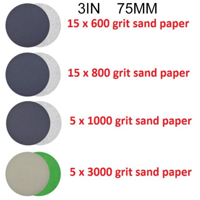 40pcs Hook And Loop Wet / Dry 3 Inch 600 800 1000 3000 Grit Sanding Discs Set. Includes 15 pieces of 600 grit, 15 pieces of 800 grit, 5 pieces of 1000 grit, and 5 pieces of 3000 grit sanding discs. Made of high-quality silicon carbide with waterproof sandpaper, suitable for wet and dry sanding. Ideal for wood furniture finishing, drywall sanding, automotive metal polishing, and other polishing tasks. Each disc measures 3 inches (75mm) in diameter and is compatible with orbital or DA disc sanders and angle grinders.