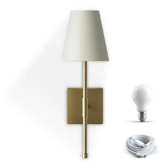 Refurbished Bell and Howell 6686 Rechargeable Wall Lamp Brass 2 Pack Fabric Shade Wall Sconce with Dimmable LED Light Modes