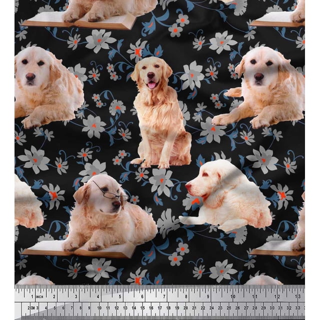 Soimoi Poly Georgette Fabric Floral,Book & Golden Retriever Dog Printed Fabric 1 Yard 52 Inch Wide