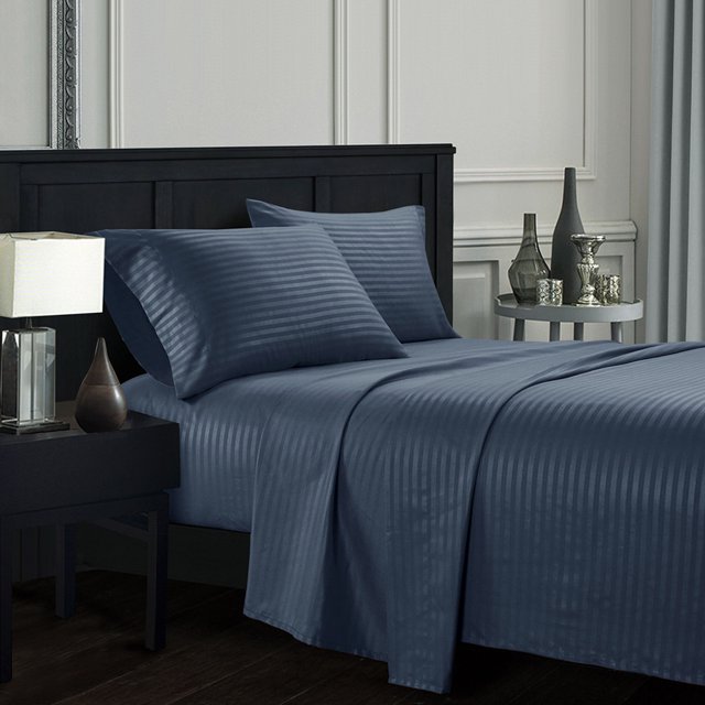YYAO Full Size Luxurious Striped Sheet Set for Home Hotel, 4 Piece, Gray Blue